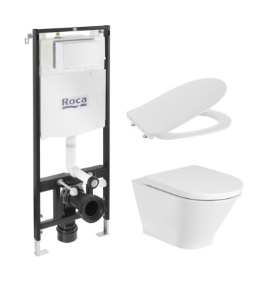 Комплект за WC, Active One 4 в 1 The Gap Rimless (бутон по избор) конзолна чиния, седалка и капак забавено падане Slim, структура - ROCA