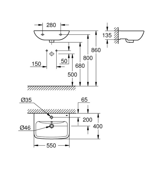 Умивалник за стенен монтаж 550 х 400 х 135 mm, BauEdge  - GROHE