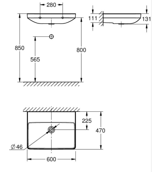 Euro Ceramic, умивалник за стенен монтаж, 600 mm, без отвор и без преливник - GROHE