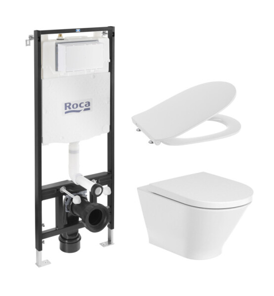 Комплект за WC, Active One 4 в 1 The Gap Rimless (бутон по избор) конзолна чиния, седалка и капак забавено падане Slim, структура - ROCA