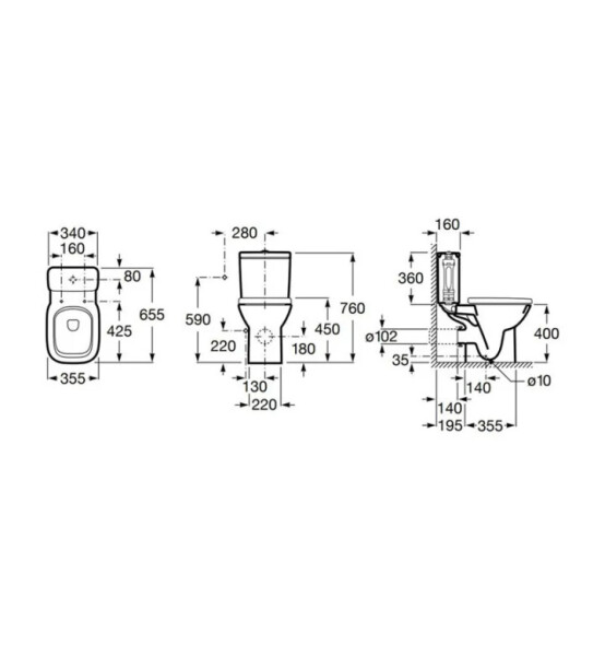 Моноблок Debba Pack Square Rimless, странично захранване на казанчето - ROCA